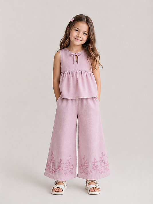 Pastel Pembe Nakışlı Pantolon Takım
