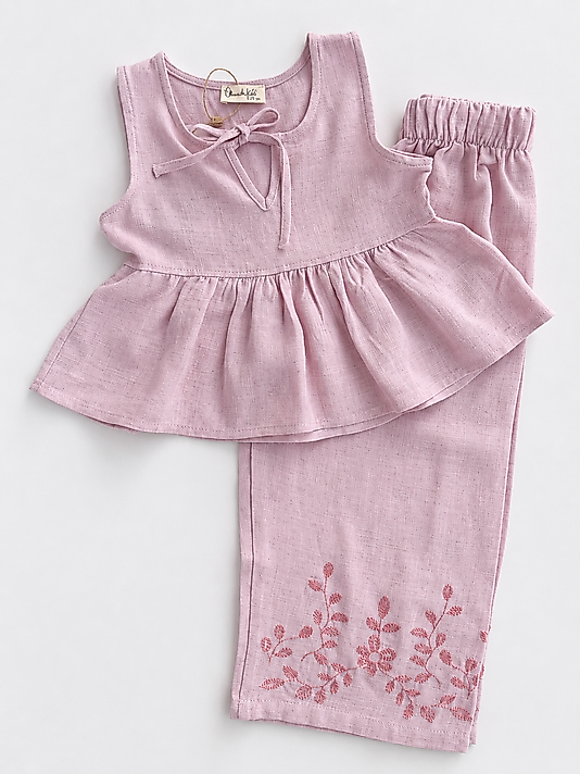 Pastel Pembe Nakışlı Pantolon Takım
